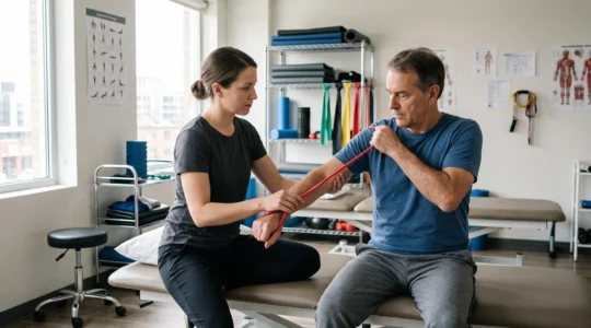 Un patient assis sur une table de rééducation tire sur un élastique léger pendant qu'un kinésithérapeute ajuste la tension de l'élastique dans une salle de rééducation lumineuse.