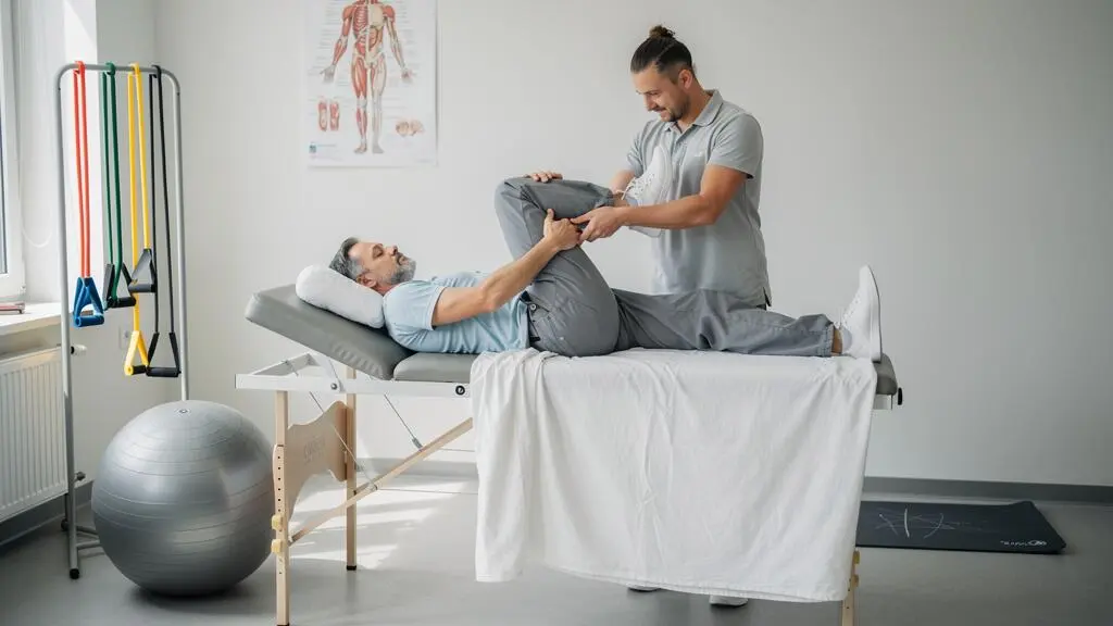 Un kinésithérapeute guide un patient lors d'un exercice de flexion du genou sur une table de rééducation dans un cabinet lumineux.