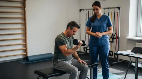 Une personne effectue un exercice de musculation avec un haltère léger sous la supervision d'un kinésithérapeute dans une salle de rééducation.