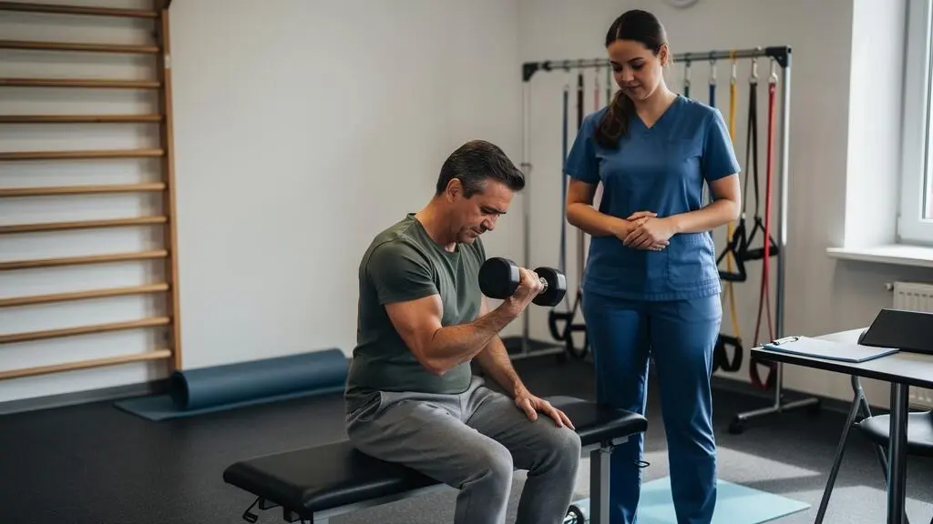 Une personne effectue un exercice de musculation avec un haltère léger sous la supervision d'un kinésithérapeute dans une salle de rééducation.