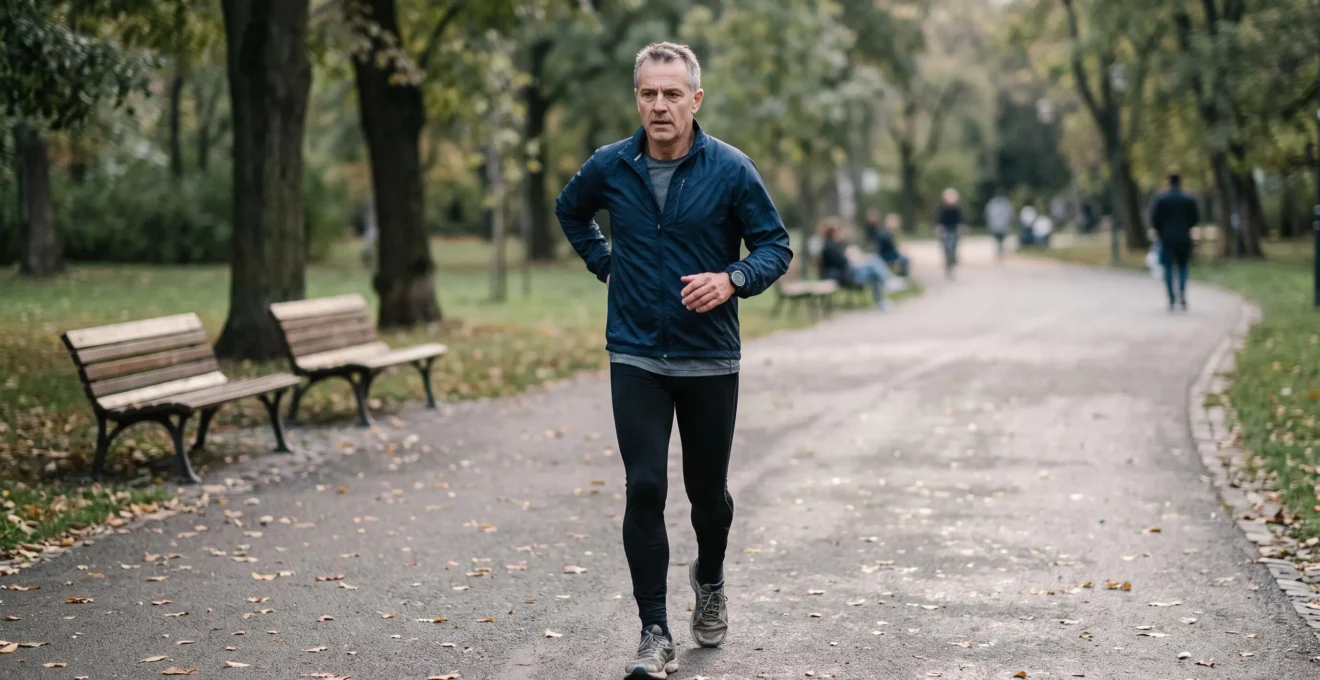 Une adulte reprend la marche à un rythme modéré dans un parc, une main portant brièvement à son dos pendant l'effort.