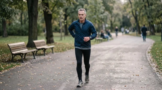 Une adulte reprend la marche à un rythme modéré dans un parc, une main portant brièvement à son dos pendant l'effort.