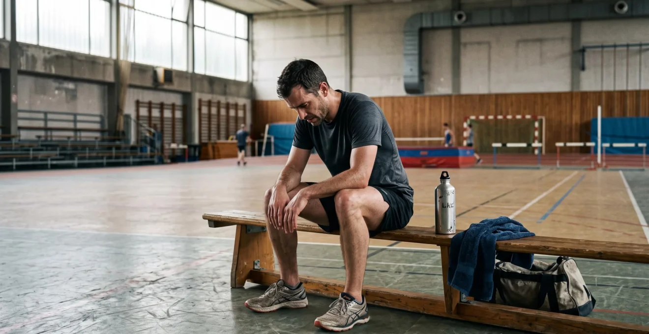 Un sportif assis sur un banc dans un gymnase récupère après une séance intense, une gourde et une serviette posées à côté de lui.