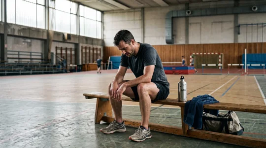Un sportif assis sur un banc dans un gymnase récupère après une séance intense, une gourde et une serviette posées à côté de lui.